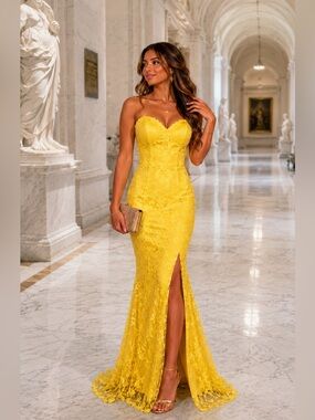 Lulu's Strapless Yellow Lace Mermaid Gown